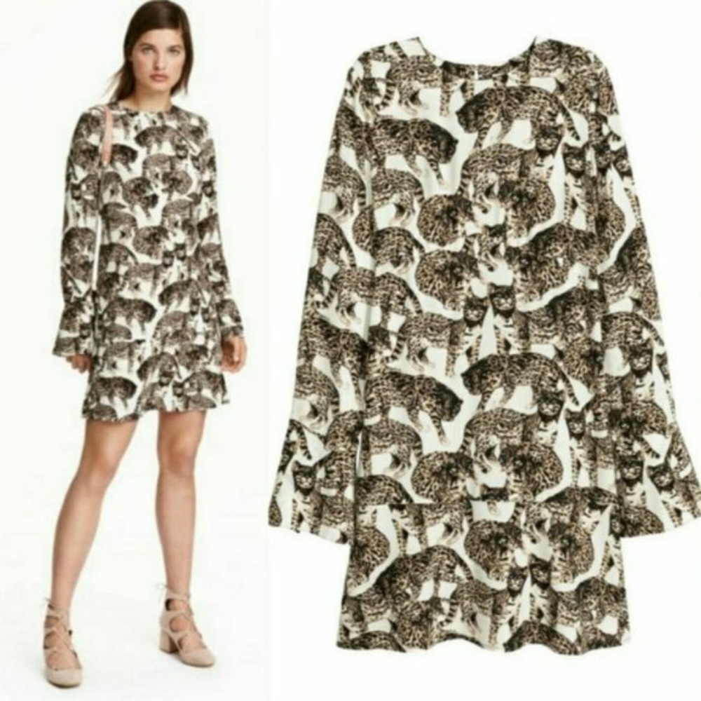 H&M Cat Print Black Brown Long Sleeve Dress 2